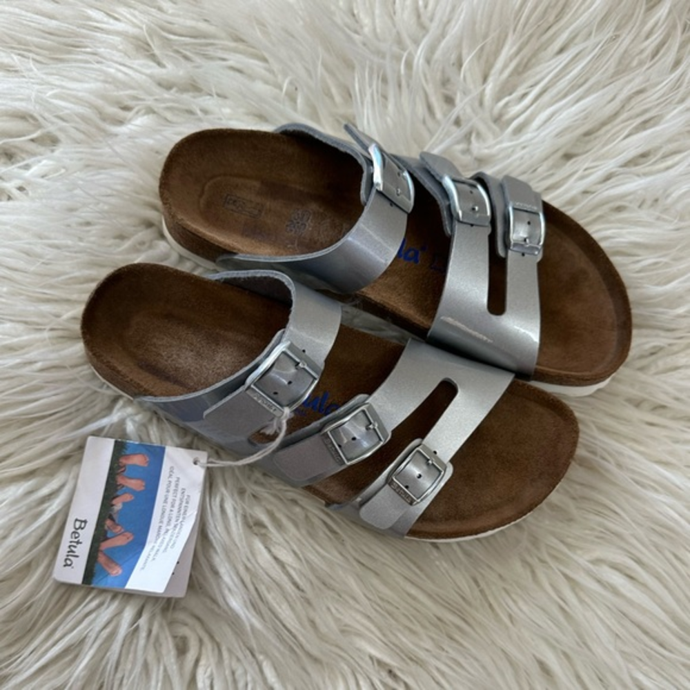 Birkenstock Betula Leo silver straps sandals ladies size 40‎ Narrow NWT FLAW